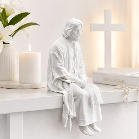 Escultura branca de Jesus sentado